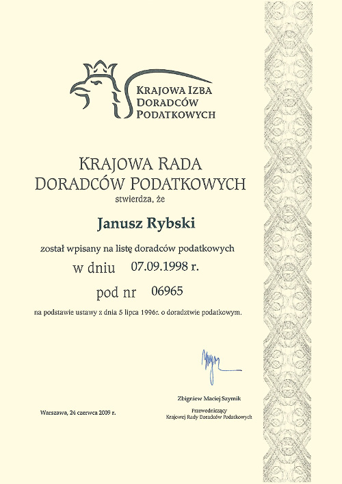 Certyfikat doradca podatkowy Janusz Rybski